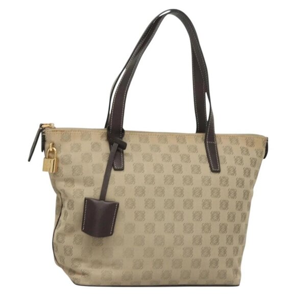 LOEWE Anagram Tote Bag Canvas Leather Beige Brown gold Auth 119788